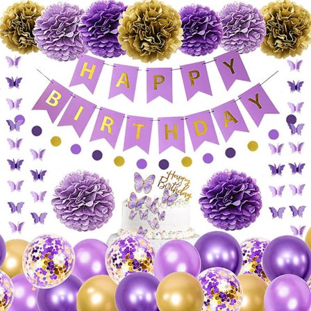 Lila Firandet Dekorationer För Kvinnor Flickor Fjäril Hängande Girlang Grattis På Födelsedagen Och Cirkelprickar Banner Lila Guld Ballonger 