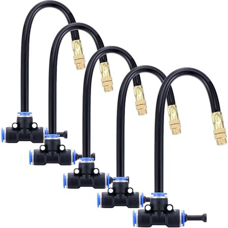 5-pack mässingsmunstycks-T-koppling med 8" inbyggd slang för utomhuskylsystem, justerbar 360° vridning