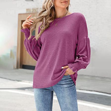 Kvinnor Med Rund Hals I Enfärgad Puffärmar Stickad Baggy T-shirt