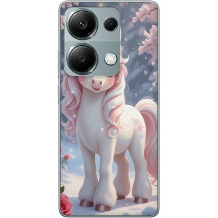 Yhteensopiva Puhelinkuori Xiaomi Redmi Note 13 Pro 4G Pastellfärgad enhörning med regnbågsmane och stora ögon i sagolik vintermiljö