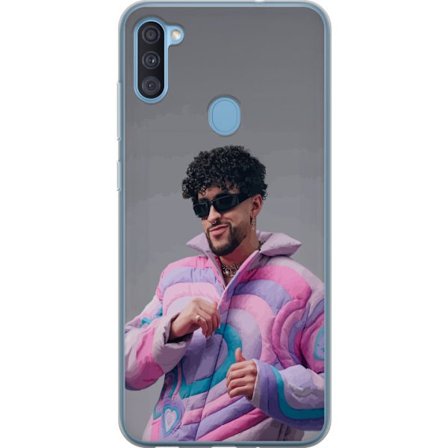 Kompatibel Mobilcover til Samsung Galaxy A11 Farverig illustration af et trist hjerte på stranden med palmer, delfiner og solnedgang i retrosk kunstst