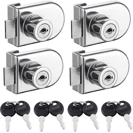 4-pakks Glasskapslås uten boring, enkelt glassdørslåser med like nøkler
