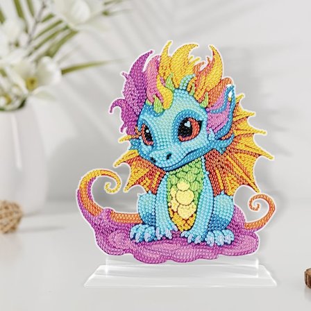 Diamantmålningstabell full av diamantprydnader, små dinosauriedekorationer