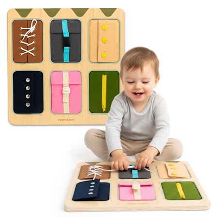 Mamabrum Montessori aktivitetsbræt i træ – snørebånd, lynlås, spænder