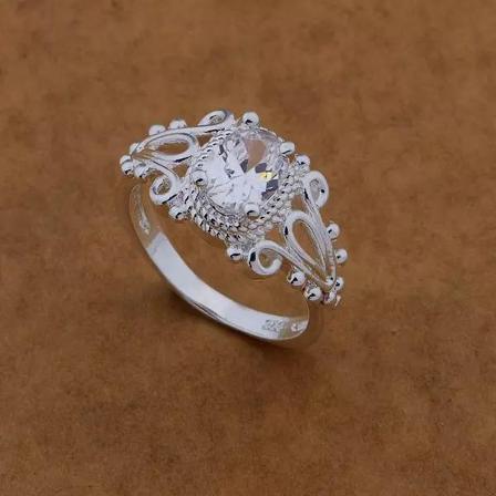 Silver Ring - Vit Oval Cz Kristall & Fint Mönster - Stl 17,3 Vit