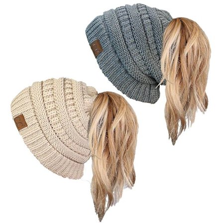 Poninhäntä sotkuinen nuttura Beanietail Naisten pipo Yksivärinen Ribbineulottu Hattu (khaki musta)