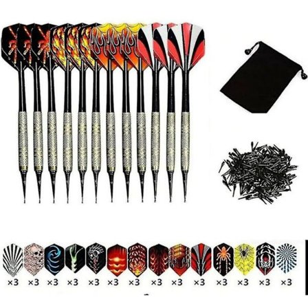 Dartset, 12-pack mjuka dartpilar med soft tip för elektronisk darttavla med extra 42 dart flights och 100 svarta plastdartspetsar