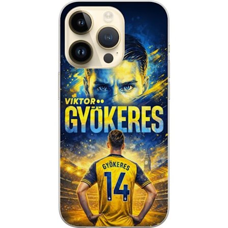 Kompatibelt Mobildeksel til Apple Apple iPhone 14 Pro Viktor Gyökeres fotballplakat i gult og blått med dramatisk stadionbakgrunn, sportillustrasjon