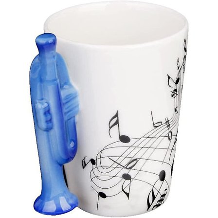 1x Blå Trompet Håndtaks-krus Kopp Porselen Kaffe Melkekopp Musikknot Keramikk