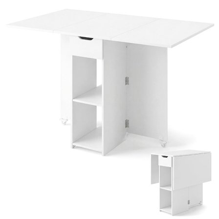 Kokoontaitettava ruokapöytä pyörillä, hyllyillä ja laatikolla – valkoinen