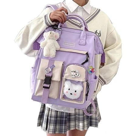 Rygsæk med pins og tilbehør, sød Kawaii skole rygsæk til piger (lilla)