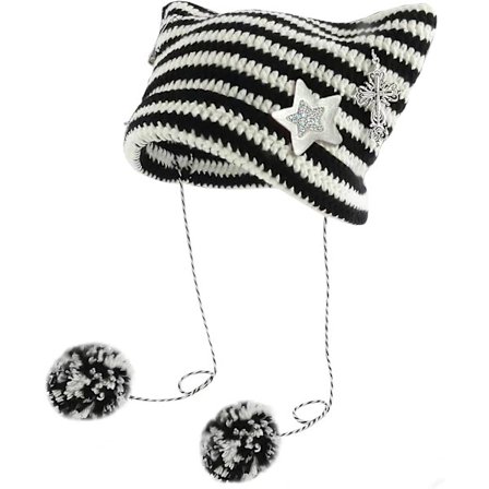 Kat Hue Sød Hæklet Kat Hue Med Sølv Stjerne Hårnål Vintage Tilbehør Håndlavet Grunge Strikket Hat