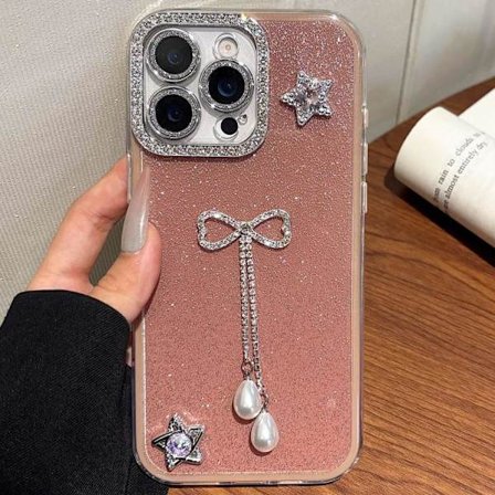 iPhone 16 Pro Skal med Solid Färg Glitter Pulver och Rhinestone Fringed Design