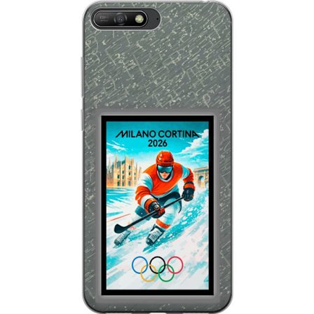 Kompatibel Mobilcover til Huawei Y6 (2018) Curling illustration med spillere og sten på isen, Milano Cortina 2026, snedækkede stænk og olympiske ri