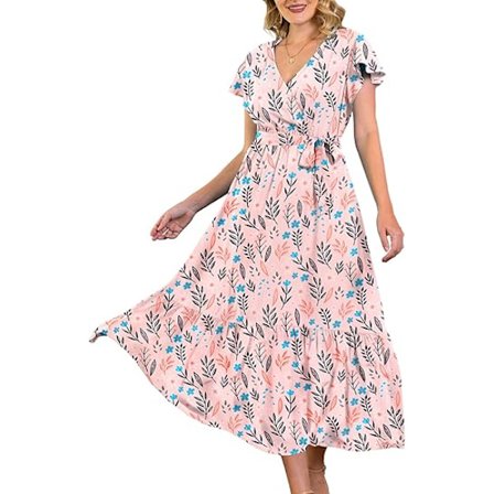 Sommarklänningar för kvinnor, omlott V-ringning, avslappnad, lös, bohemisk blommig klänning, kortärmad, bälte, volang, A-linje, klänning EP1