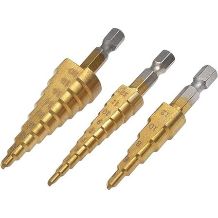 3 stk merke trinnbor, titanbelagt HSS - [3-12mm, 4-12mm og 4-20mm]