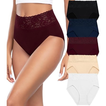 2025 Senaste Modell Damunderkläder Bomull Bikini Trosor för Kvinnor Hög Midja Spets Hipster Stretch Kalsonger för Damer 5-pack Wi