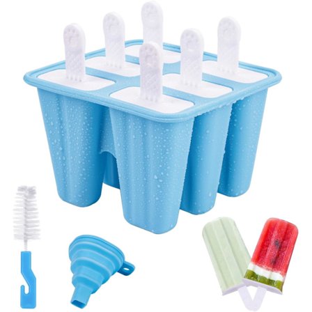 Formar för glass, 6 håligheter Silikonform för glass utan BPA, DIY Popsicle-form med 1 hopfällbar tratt och 1 rengöringsborste - Blå