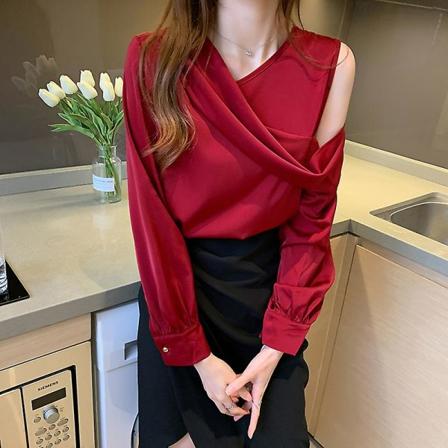 V-hals Slank Dame Off-Soulder Langermet Chiffon Bluse Høst Elegant satengskjorte Solid Ol Topper Red L