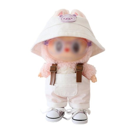Bøttehatt- og overallsett for Labubu Vinyl Plysj, Søtt klessett for Labubu Dukkeutkledning