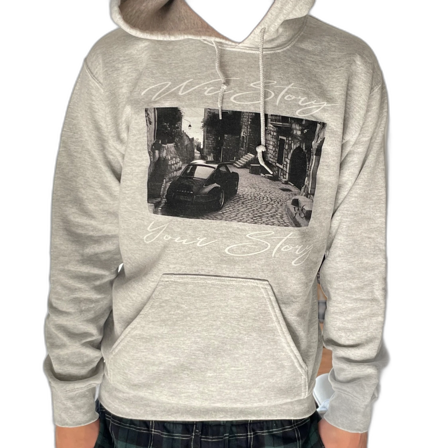 Grå hoodie med coolt tryck och text