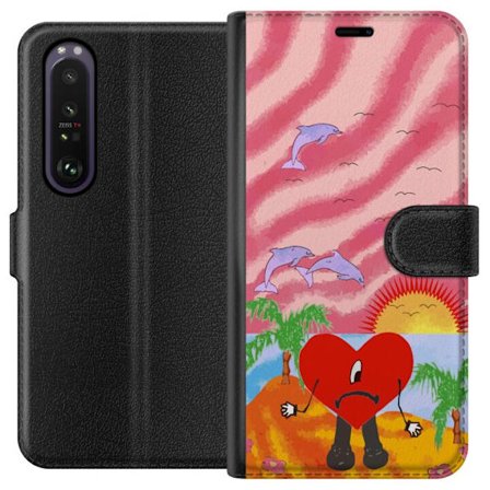 Kompatibelt Lommeboketui til Sony Xperia 1 III Bad Bunny i en fargerik quiltet jakke med hjertemønster og solbriller i moderne gatestil