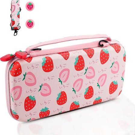 Rosa Jordbær Bæreveske Kompatibel med Nintendo Switch/OLED, Bærbar Reiseutstyrspakke for Switch-konsoll med 10 Spillkortspor, Sho