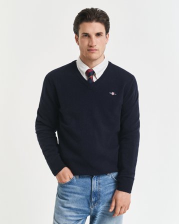 GANT Herren Superfine Lambswool V-Neck Pullover (XXL) Marineblau