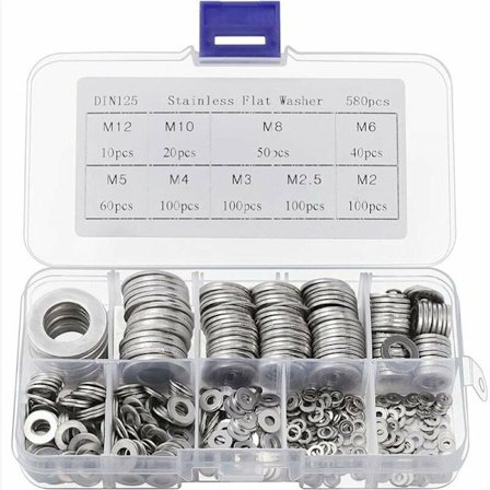 Ruostumattomasta teräksestä valmistettu aluslevy säilytyslaatikolla (580 kpl) - Valikoima 9 kokoa M2, M2.5, M3, M4, M5, M6, M8, M10 ja M12 - 