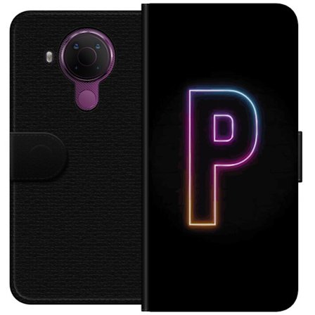 Kompatibel Tegnebogsetui til Nokia Nokia 5.4 Minimalistisk neonbogstav P i farvegradient og lyseffekt mod sort baggrund i digital neonstil
