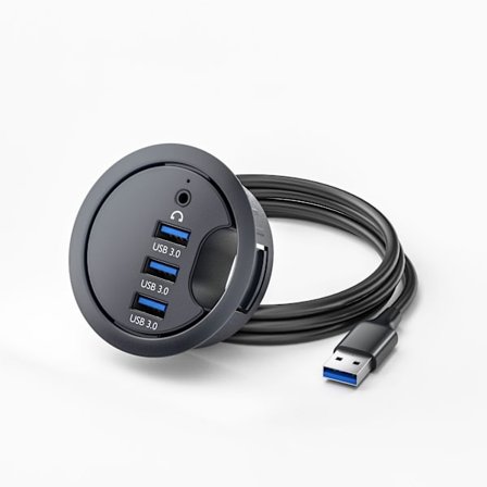 Skrivebordgjennomføring USB-hub USB 3.0 med 3 USB-porter og lydkontakt, kontorpultforlengelseshub, hjemmeutgave