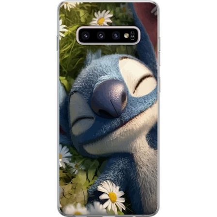 Samsung Galaxy S10+ Gennemsigtig cover Stitch falder fredeligt i søvn i en eng af prestekraver, hvor det bløde lys og naturens ro skaber en varm og
