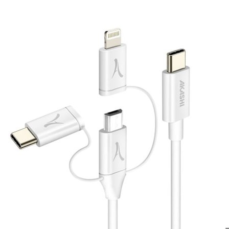 USB-C 3-in-1 kaapeli USB-C Micro-USB Lightning Ekologinen 1m Akashi Valkoinen