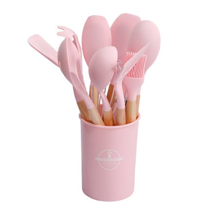 Vaaleanpunainen silikoninen keittiövälinesetti, 12 osaa