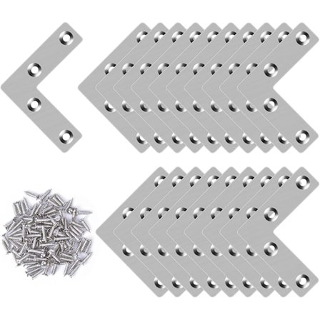 20 stk. flade L-formede vinkelbeslag, hjørnebøjler i rustfrit stål, L-formet vinkelbeslag med 80 skruer til reparation af træmøbler, skabe, 