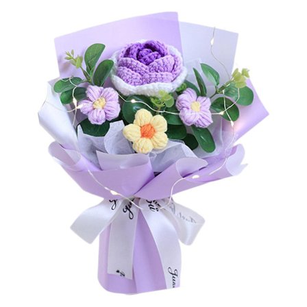 Virkattu kukkakimppu Ruusu Käsinkudottu kimppu Pöytäkeskipiste Monipuolinen koriste Neulekukat Tekokukat Kimppu Kotiin Lahja, Violetti