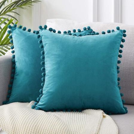 Sæt af 2 Fløjls Puder med Pomponer Ensfarvet Pudebetræk Dekorative Puder Puder Sæde Puder Dekorative Puder Sofa Puder Turquoise