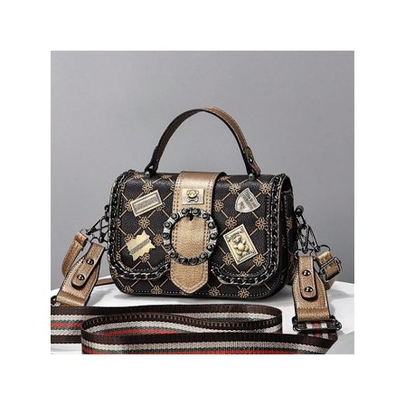 Mini Axelväska för Kvinnor Crossbody Väska Med Dubbel Axelrem Vintage Design-Kaffe och brons