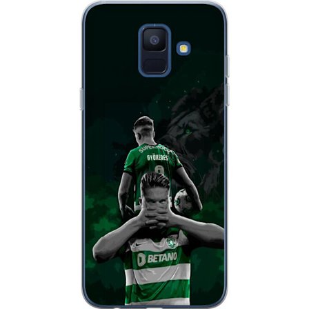 Kompatibel Mobilcover til Samsung Galaxy A6 (2018) Neonmotiv med teksten "Gaming er i mit DNA" på en blå og rød murvæg med en lysende DNA-spiral.