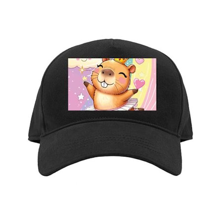 Lippalakki Söpö tanssiva kapibara balettipuvussa kruunu vasten sateenkaaren pilviä sydämiä ja tähtiä pehmeässä kawaii-tyylissä iloisilla pas