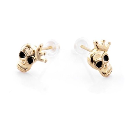 Guld Stud Örhängen - Döskalle med Svarta Ögon & Krona