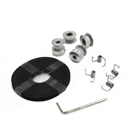 2 stk. GT2 Remhjul 20 Tænder Boring 5 mm + 2 m GT2 Tandrem 6 mm Bredde + 2 stk. Løbehjul + 4 stk. Spændingsfjeder + Skruenøgle til 3D-printer [D]
