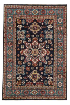 Handgeknüpft Kazak Fine 203X298 Wollteppich Schwarz/Dunkelrot