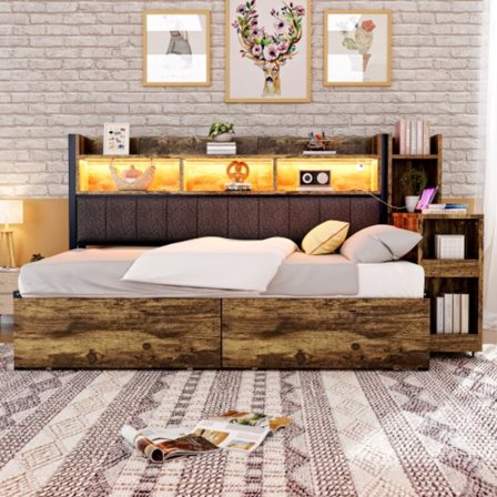 Sovesofa med opbevaringsrum og stikkontakter, 90x200 cm, med LED-belysning og udtræksbord, træfarve