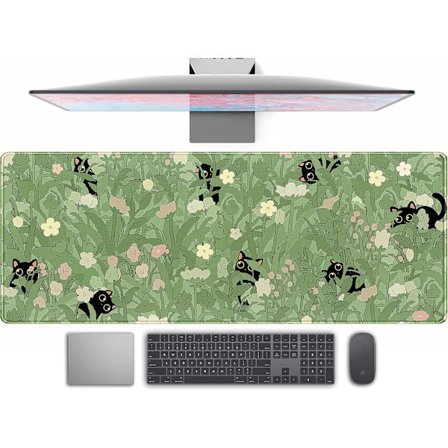 Søtt Grønne Blader Rosa Blomster Musematte Skrivebordsmatte Kawaii Anime Katt Skrivebordsbeskytter Dekor Skrivebordsunderlag 80x30 cm