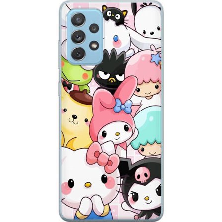 Kompatibelt Mobildeksel til Samsung Galaxy A52 5G Tett mønster av søte figurer med store øyne i ulike farger og uttrykk med LABUBU-tekst