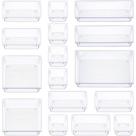 16 stk. skuffeorganisator, 5 størrelser skuffeopbevaringsboks, skridsikker makeup-organisator