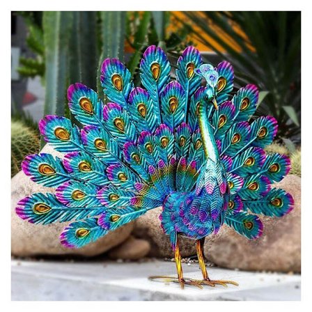 Robust Påfugl Havekunst i Metal, Elegant Udseende Stående Fugl Udendørs Skulpturer med Rust- og Vejrbestandig Belægning, Håndlavet Påfugl Have