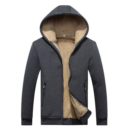 Män Enfärgad Dragkedja Hooded Neck Ytterkläder Fleecefodrad Kappa