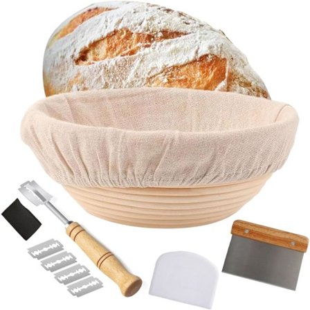 Surdejsstarter Kit Brødhævekurv, Rund Brødhævekurv Sæt 9"/23cm, Rund Banneton med Foring og Brødfremstillingsværktøjer Håndlavet,